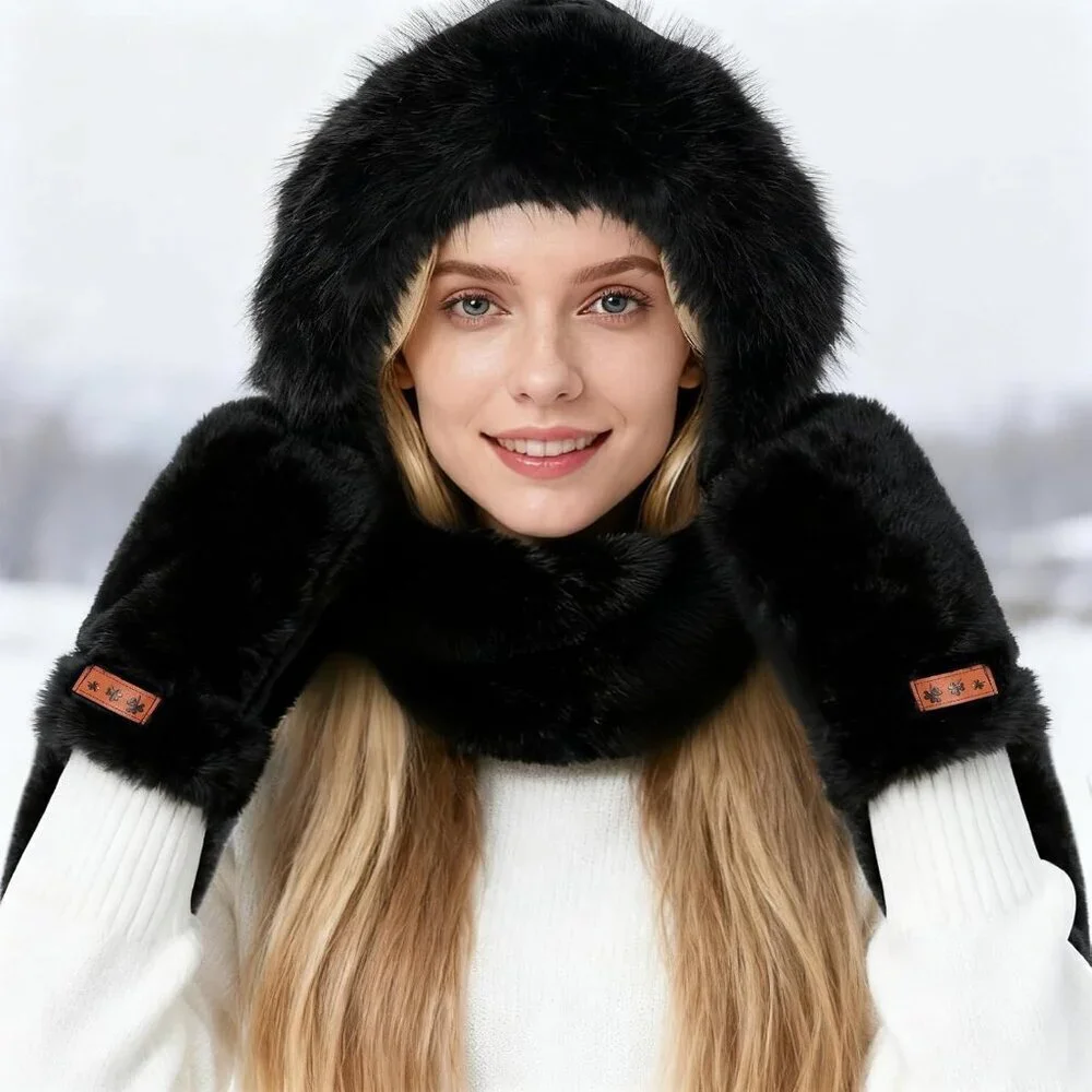 Women Hooded Scarf Gloves Set Faux Fur Warm Winter Accessory
